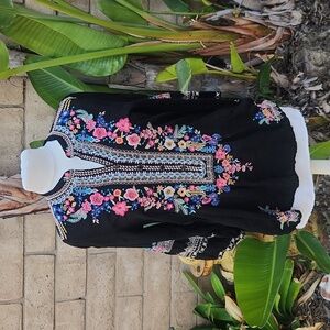 Johnny Was Black Blouse with Pink Embroidery Medium